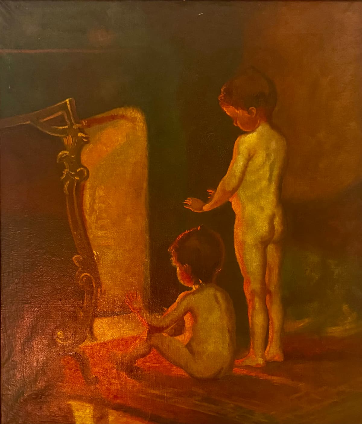 Kandallónál melegedő gyerekek