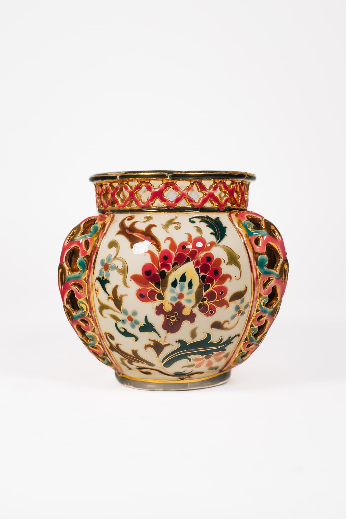 Zsolnay - Áttört peremű virágdíszes kaspó