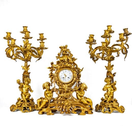 Francia három darabos tűzi aranyozott bronz kandalló óra szett