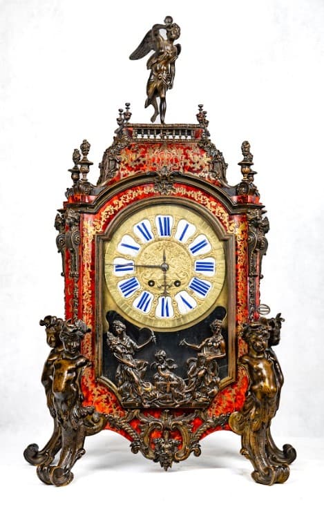 Francia bordó boulle fali kartell óra bronz patinás díszítő veretezéssel 19.század