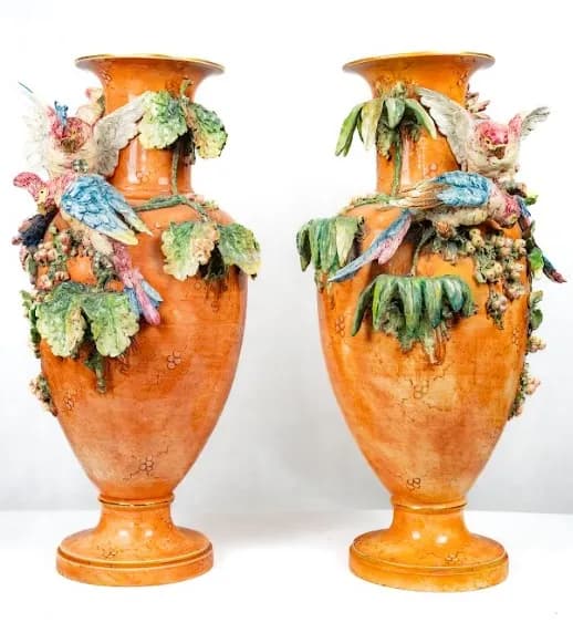 Grand vase pair with parrots and flowers, 19th century