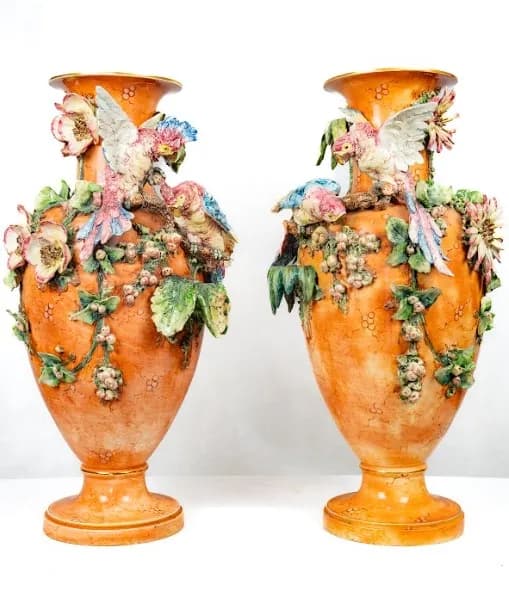 Grand vase pair with parrots and flowers, 19th century