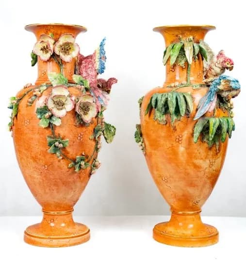 Grand vase pair with parrots and flowers, 19th century