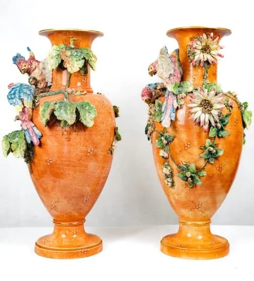 Grand vase pair with parrots and flowers, 19th century