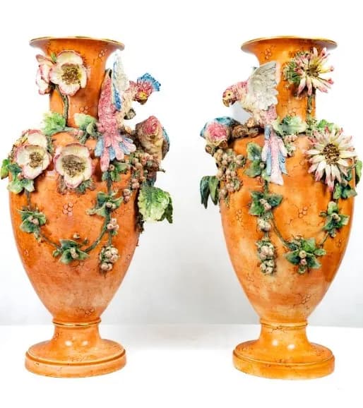 Grand vase pair with parrots and flowers, 19th century
