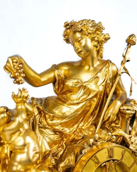 Three piece mantle clock set gilded bronze and white marble base, 19th century