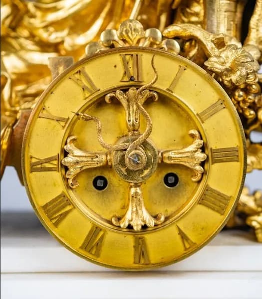 Three piece mantle clock set gilded bronze and white marble base, 19th century