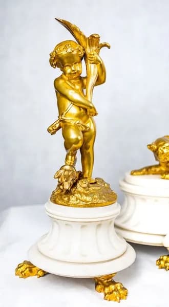 Three piece mantle clock set gilded bronze and white marble base, 19th century
