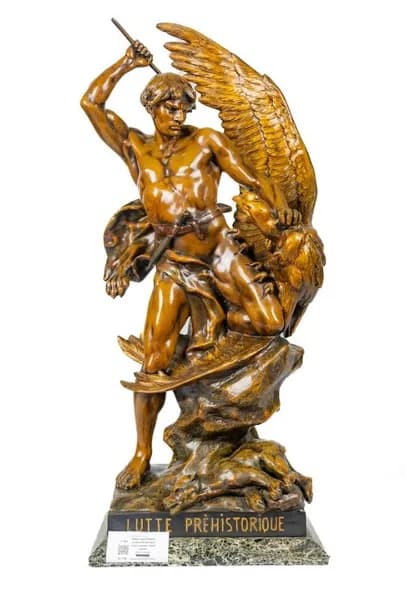 Émile Louis Picault "Lutte Prèhistorique" bronze patinated metal sculpture