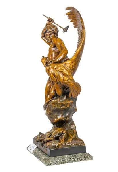 Émile Louis Picault "Lutte Prèhistorique" bronze patinated metal sculpture