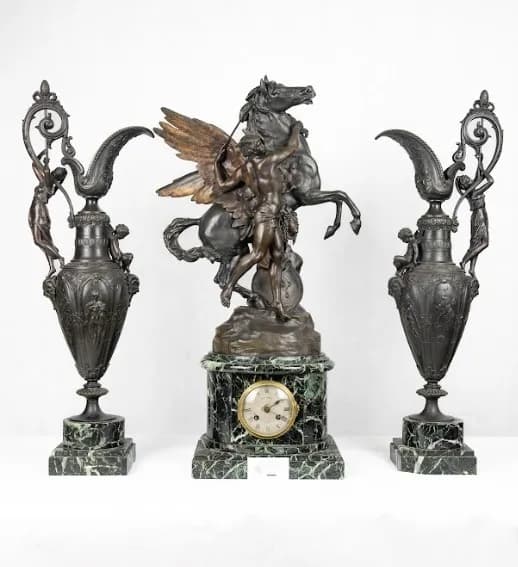 Émile Louis Picault metal three piece clock set with marble base