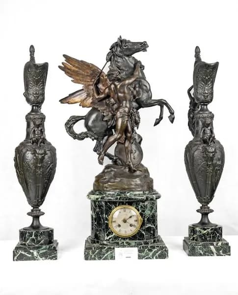 Émile Louis Picault metal three piece clock set with marble base