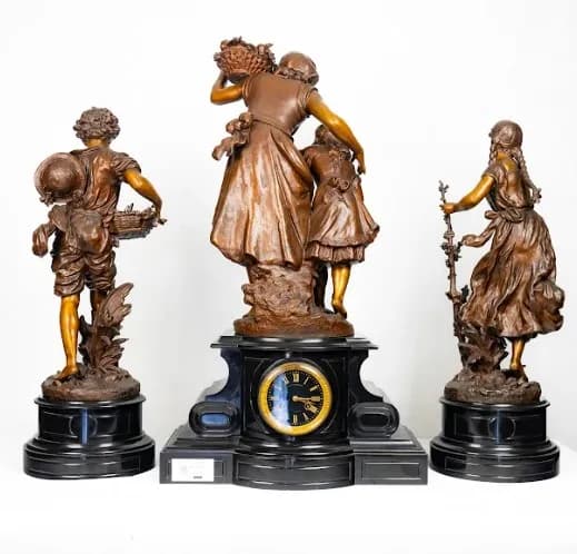 Hyppolite Francois Moreau three piece bronze patinated metal clock set late 19th century, early 20th century