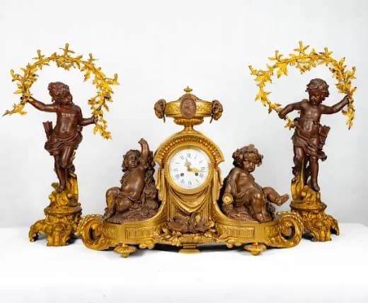 Three piece mantle clock set, gilded and patinated metal