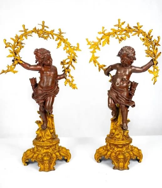 Three piece mantle clock set, gilded and patinated metal