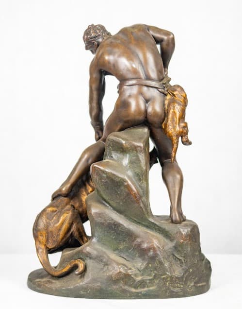 Thomas Francois Cartier bronz patinás fém ötvözet szobor - férfi párduccal