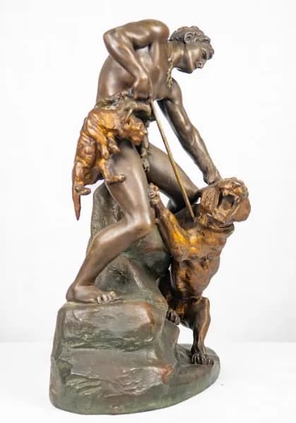 Thomas Francois Cartier bronze patinated metal sculpture - man with panther