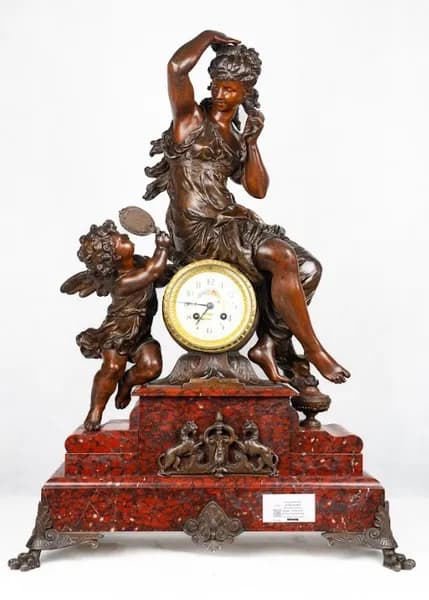 Bronze patinated metal clock on marble base - Woman and Putto with mirror, early 20th century