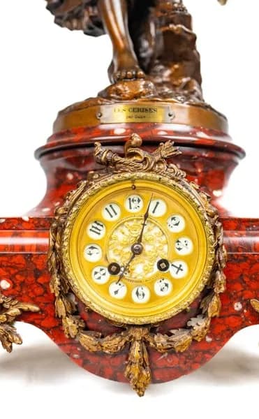 French patinated metal clock on marble base 'Les Cerises' early 20th century