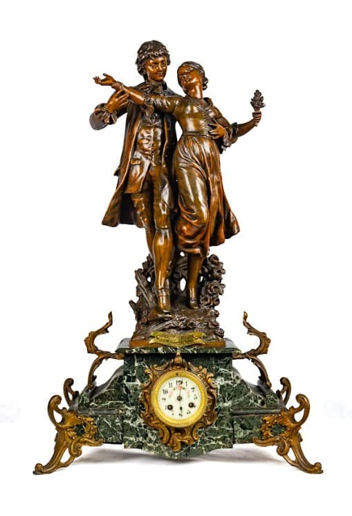 'Le Printemps de la Vie' bronz patinás fém óra márvány talapzattal