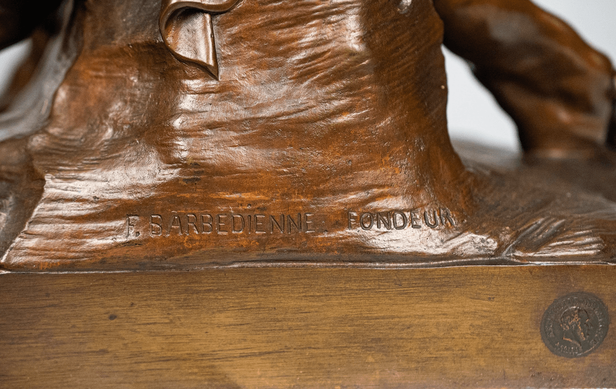 Coysevox 'Faun playing the flute' bronz szobor F. Barbedienne öntőműhely pecsét