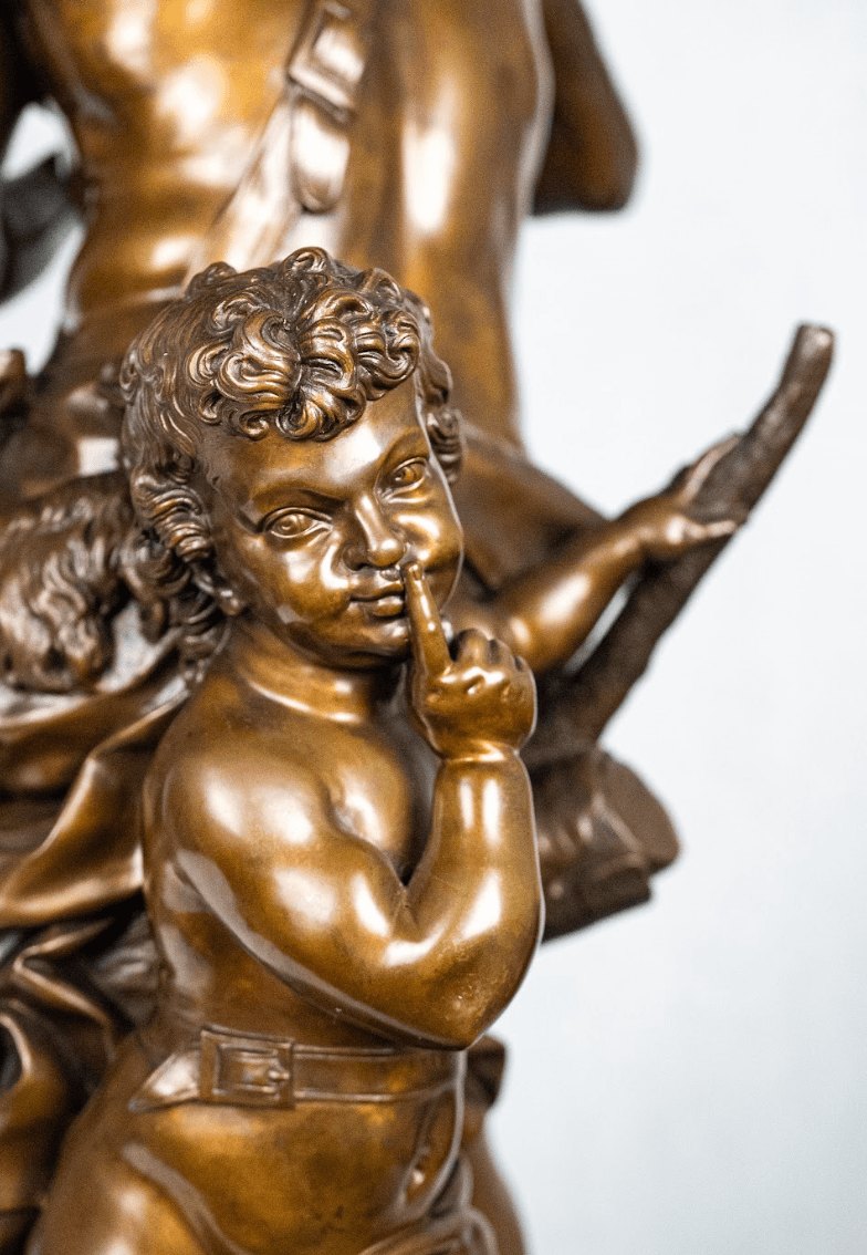 Coysevox 'Faun playing the flute' bronz szobor F. Barbedienne öntőműhely pecsét