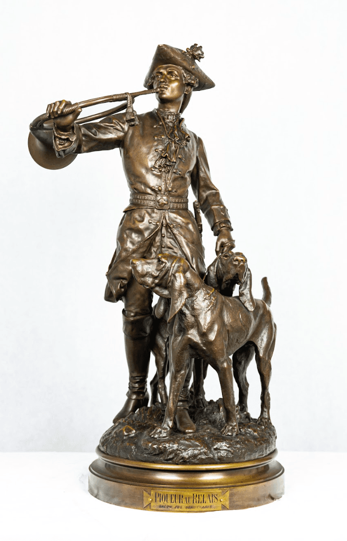 Vadászjelenet kopókkal - Piqueur au Relais bronz szobor 19.század