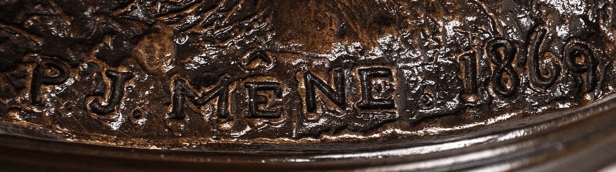 Pierre Jules Mené 'Valet de Chasse Louis XV et sa Harde' bronz szobor 19.század