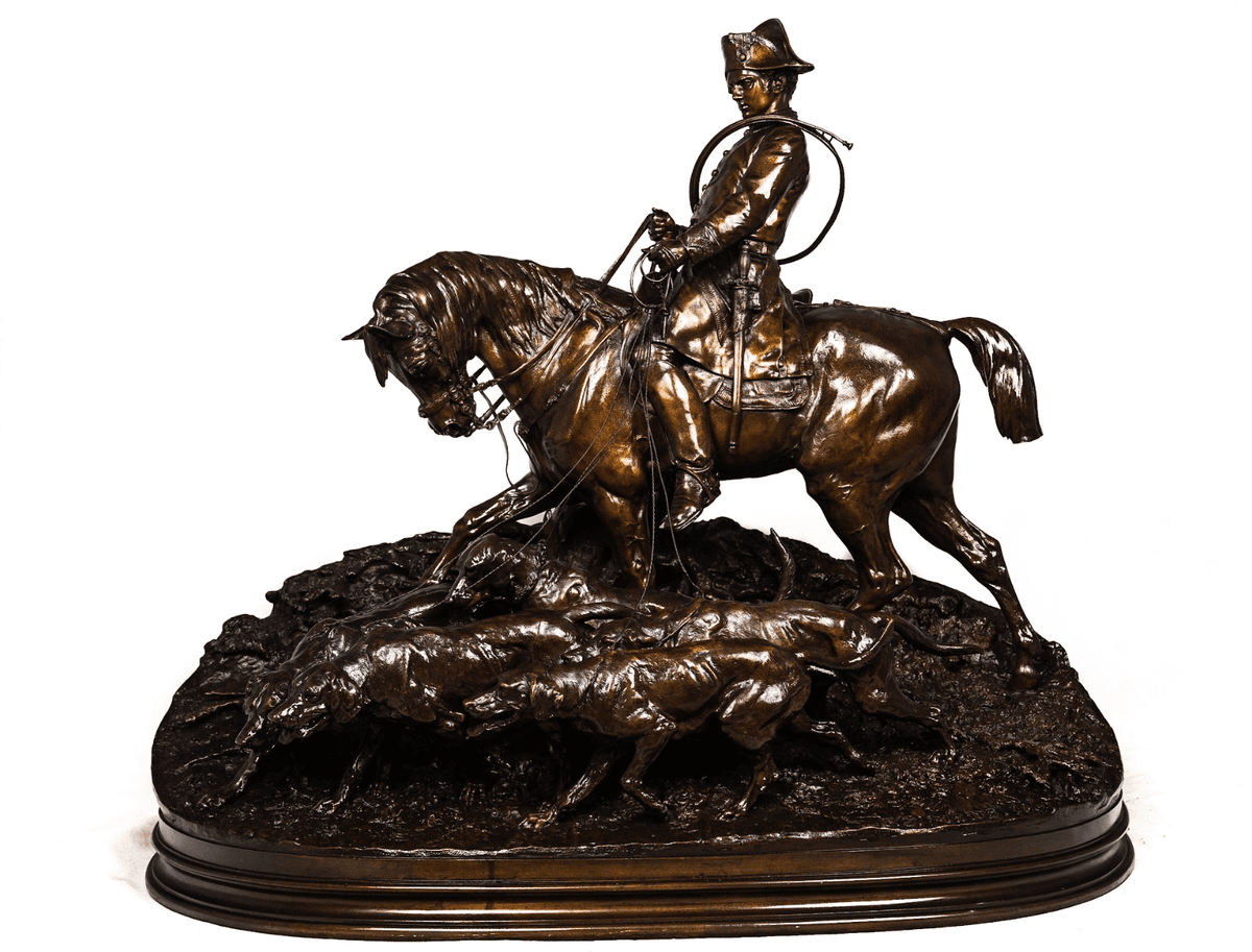 Pierre Jules Mené 'Valet de Chasse Louis XV et sa Harde' bronz szobor 19.század