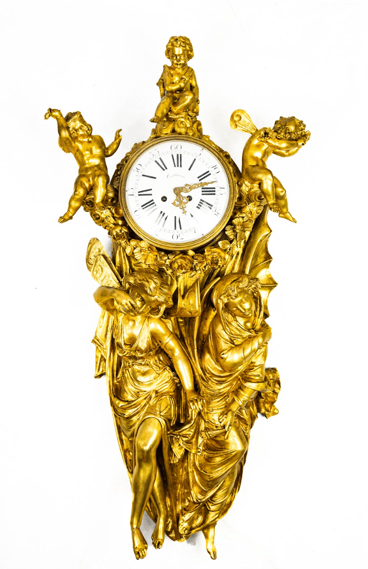 Fali kartel óra tűzi aranyozott 'Nappal és Éjszaka' puttókkal, nagyon ritka darab