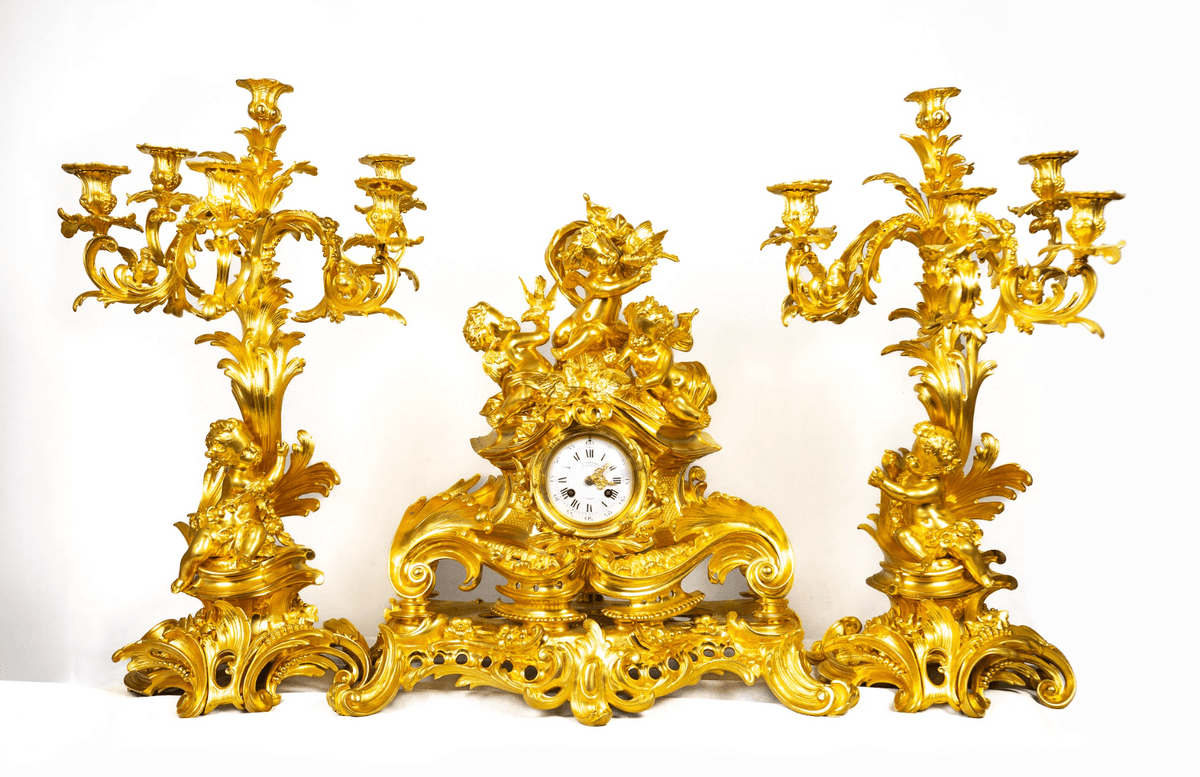 Victor Paillard tűzi aranyozott három darabos kandalló óra szett