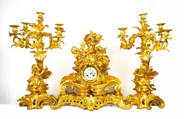 Three-piece fire-gilt mantel clock set by Victor Paillard
