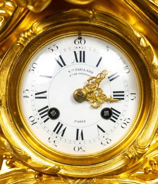 Three-piece fire-gilt mantel clock set by Victor Paillard