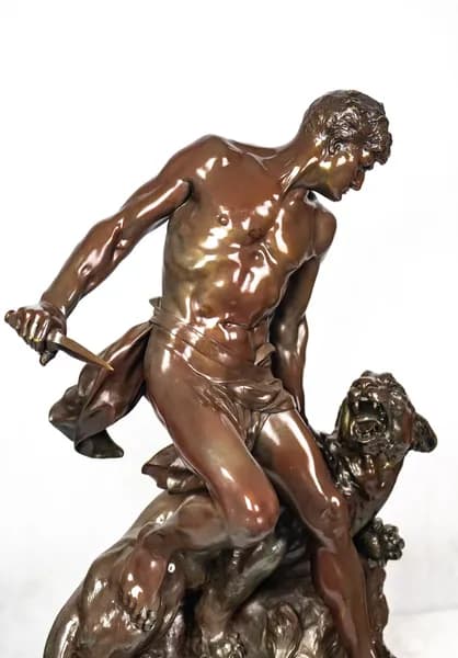 Bronze sculpture “Hunter Striking a Lioness” by Hippolyte François Moreau Gauquié