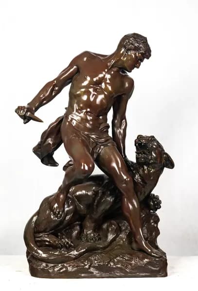 Bronze sculpture “Hunter Striking a Lioness” by Hippolyte François Moreau Gauquié