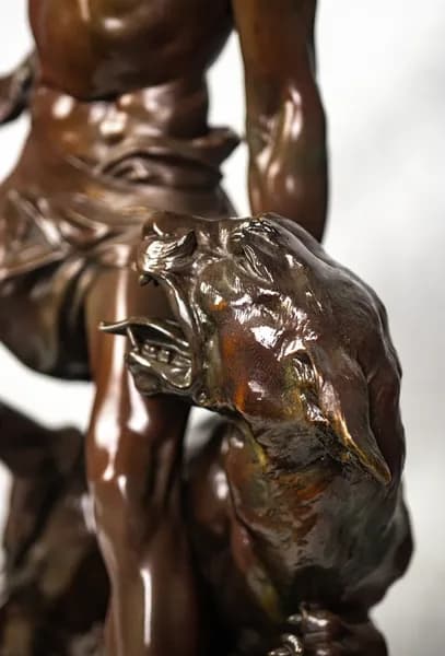 Bronze sculpture “Hunter Striking a Lioness” by Hippolyte François Moreau Gauquié