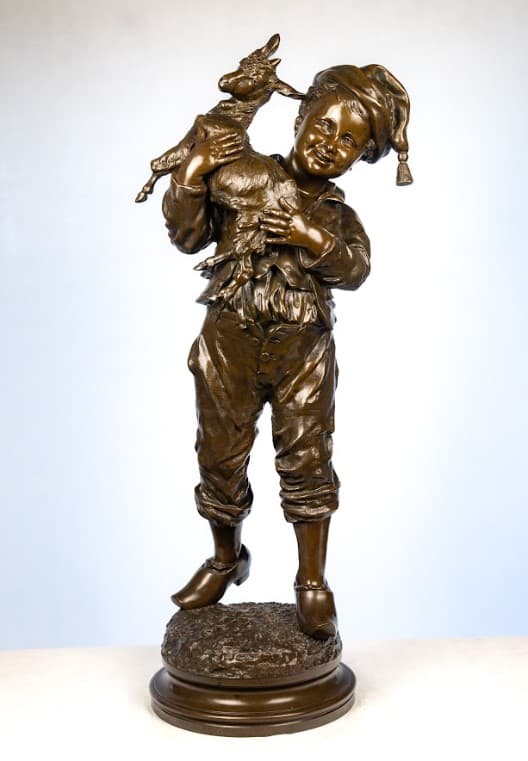 Émile Laporte 'Young boy with goat' bronz szobor 19.század