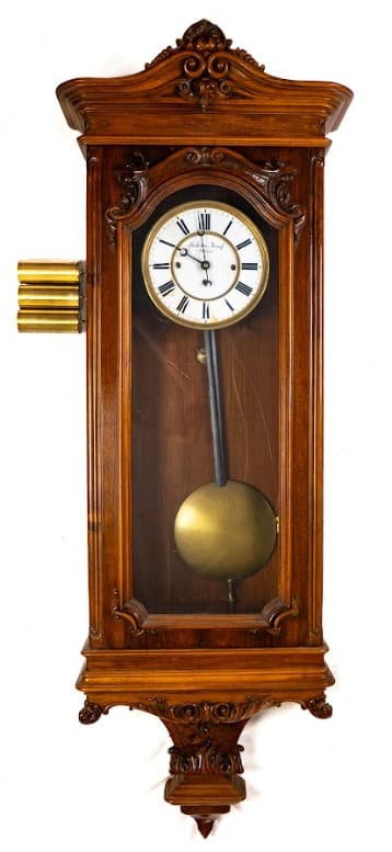 Lechner József negyedütős rézveretes faragott falióra, 3 súlyos