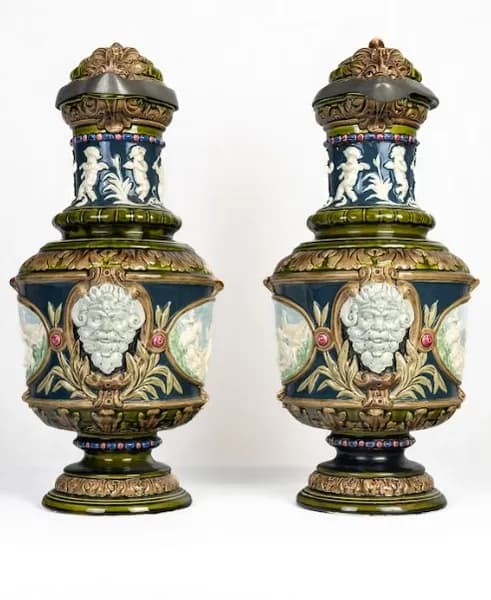 Pair of Schütz Blansko majolica cups