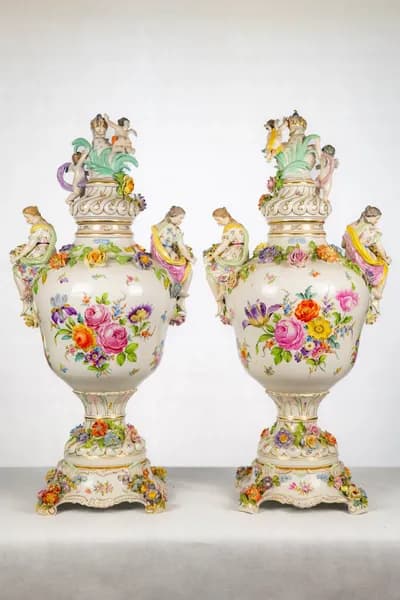 Pair of Dresden porcelain vases, hand-painted with genre scenes, 19th century