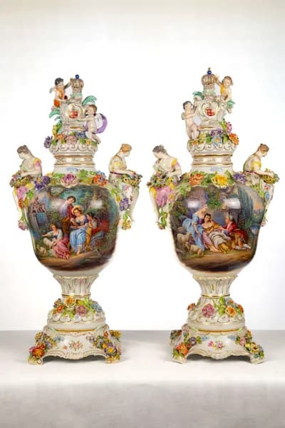 Pair of Dresden porcelain vases, hand-painted with genre scenes, 19th century