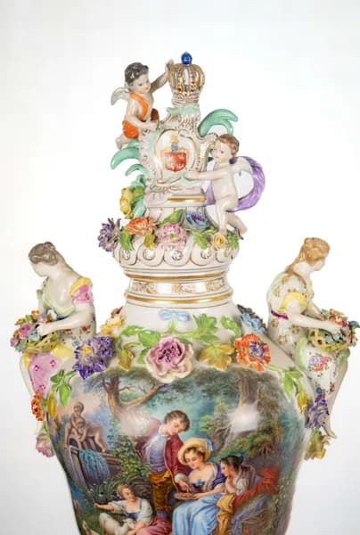 Pair of Dresden porcelain vases, hand-painted with genre scenes, 19th century