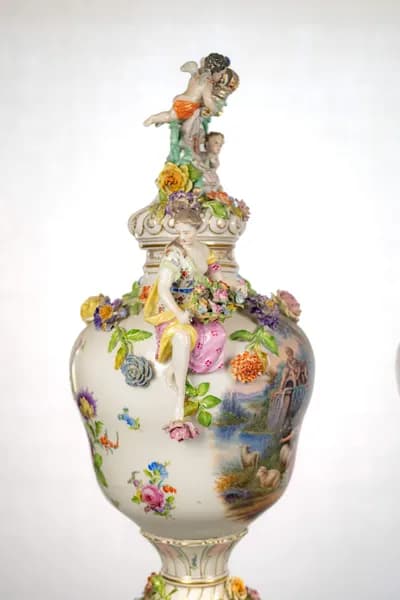 Pair of Dresden porcelain vases, hand-painted with genre scenes, 19th century