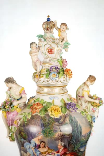 Pair of Dresden porcelain vases, hand-painted with genre scenes, 19th century