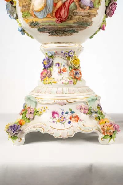 Pair of Dresden porcelain vases, hand-painted with genre scenes, 19th century