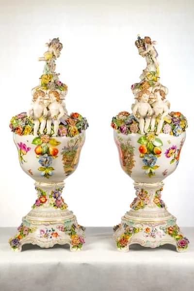 Pair of Dresden porcelain vases, hand-painted with genre scenes, 19th century