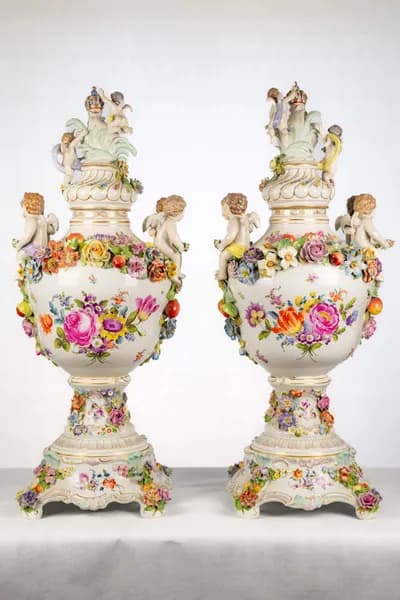 Pair of Dresden porcelain vases, hand-painted with genre scenes, 19th century