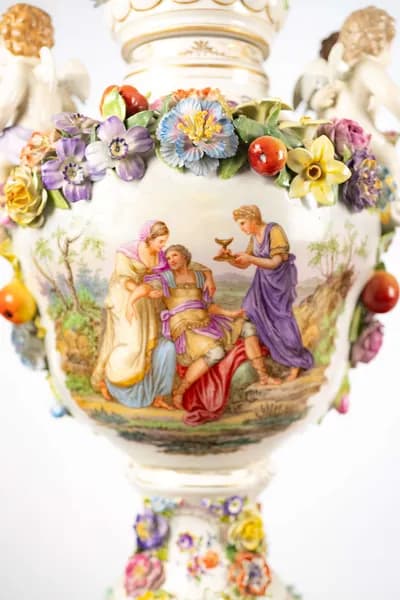 Pair of Dresden porcelain vases, hand-painted with genre scenes, 19th century