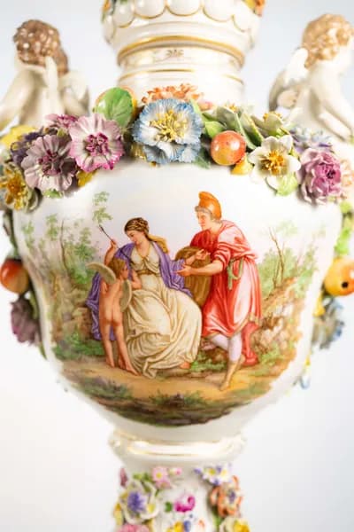 Pair of Dresden porcelain vases, hand-painted with genre scenes, 19th century