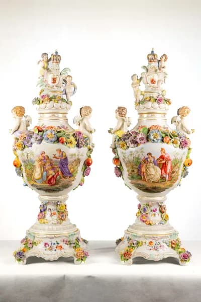Pair of Dresden porcelain vases, hand-painted with genre scenes, 19th century